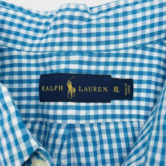 Ralph Lauren Shirt Teal White Gingham Short Sleeve Button Down Yellow Pony XL - Picture 7 of 7